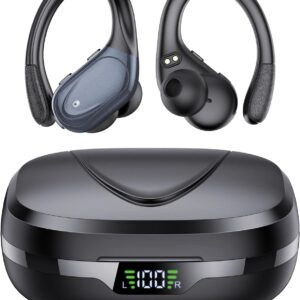 Wireless Headphones, Bluetooth 5.3 Sports Headphones with Ear Hooks, 60H Playback, LED Display, ENC HD Call, Deep Low, Comfortable Fit, IPX7 Waterproof (Black)