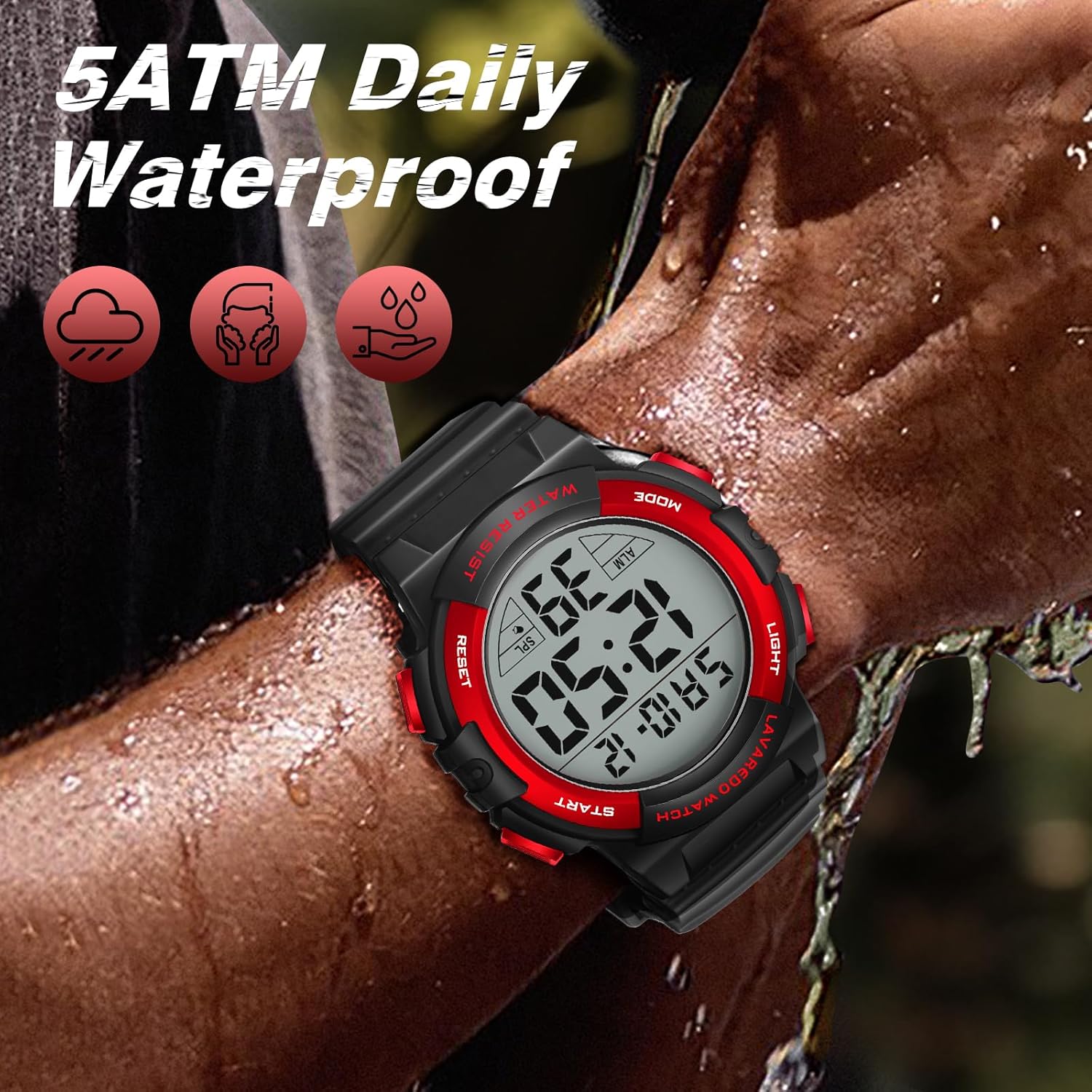 caprock Men's Digital Watches Luminous Water Resistant 5ATM Digital Sports Watch with Rubber Strap LED Display Wrist Watch Alarm Stopwatch - Imagen 3