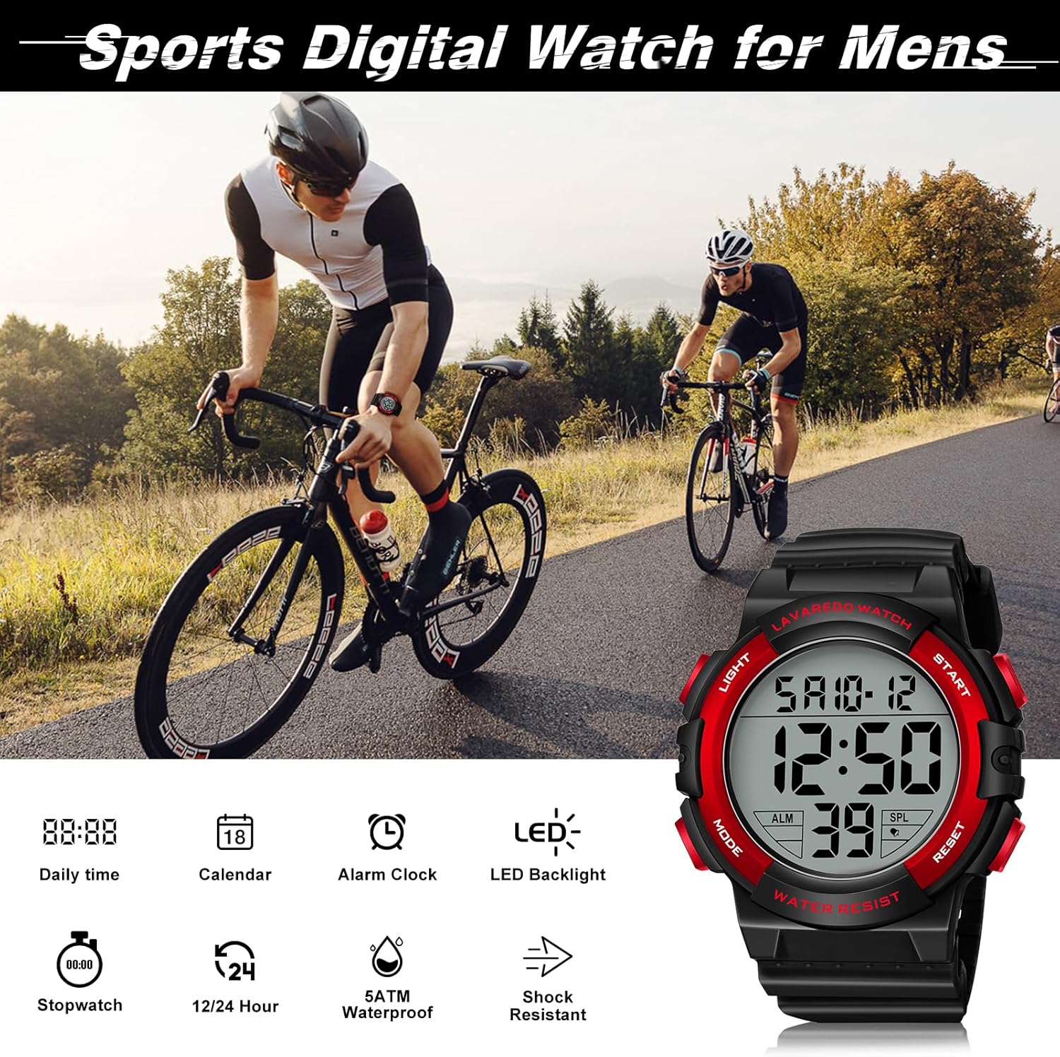 caprock Men's Digital Watches Luminous Water Resistant 5ATM Digital Sports Watch with Rubber Strap LED Display Wrist Watch Alarm Stopwatch - Imagen 2